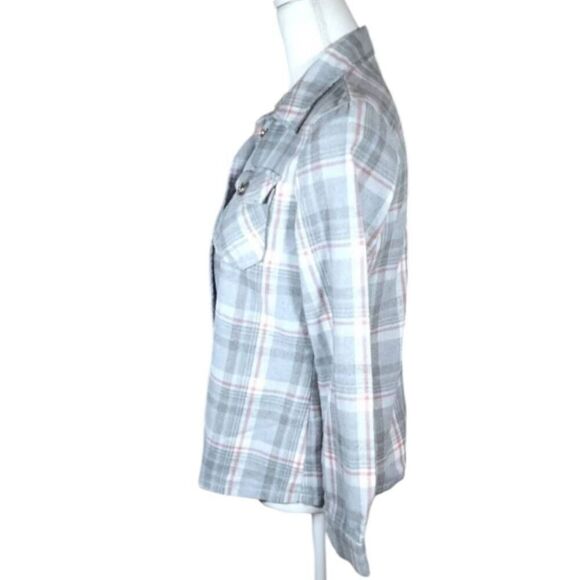 SHEIN GRAY, BLUE, & PINK PLAID FLANNEL SHIRT SZ.XS EUC. - Picture 3 of 7